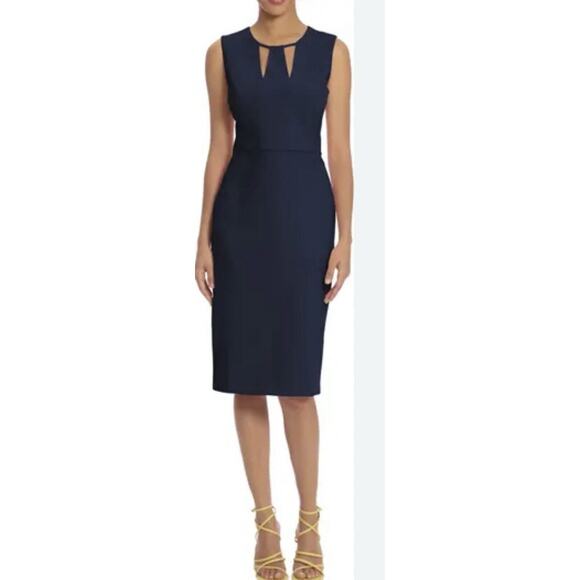 NWT Donna Morgan Womens Midi Sheath Dress 8 Neck Cutouts Stretch Blue - Picture 1 of 13